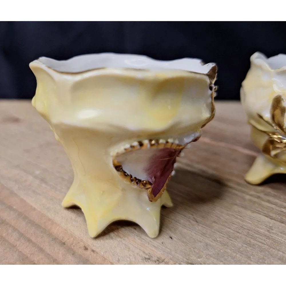 Vintage Footed Lusterware Porcelain Teacups Gold Gilt 3D Floral Applique Set / 2